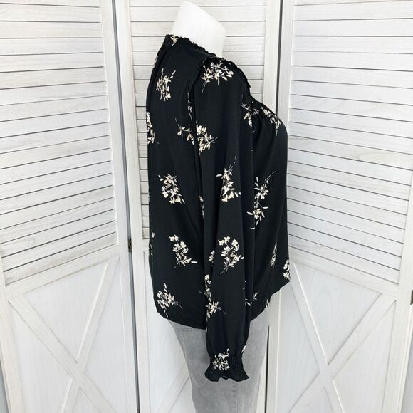 J. Crew Floral Smocked Ruffle Trim Blouse Black Tan Large - Picture 3 of 12